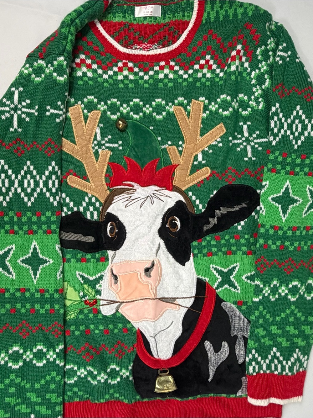 Holiday Time Cow Reindeer Ugly Christmas Sweater XL 46-48 Bell Green